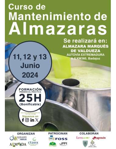 Curso de Mantenimiento en Almazaras. Edición Badajoz. PRECIO SOCIOS